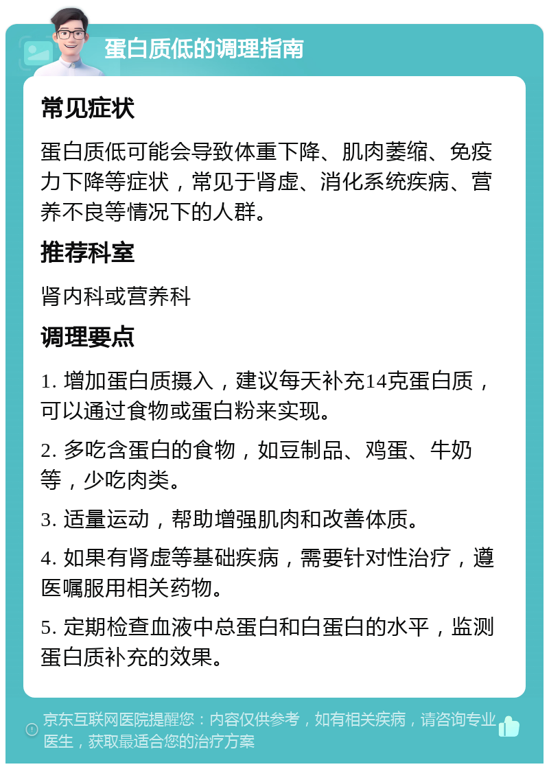 蛋白质低的调理指南 常见症状 蛋白质低可能会导致体重下降、肌肉萎缩、免疫力下降等症状，常见于肾虚、消化系统疾病、营养不良等情况下的人群。 推荐科室 肾内科或营养科 调理要点 1. 增加蛋白质摄入，建议每天补充14克蛋白质，可以通过食物或蛋白粉来实现。 2. 多吃含蛋白的食物，如豆制品、鸡蛋、牛奶等，少吃肉类。 3. 适量运动，帮助增强肌肉和改善体质。 4. 如果有肾虚等基础疾病，需要针对性治疗，遵医嘱服用相关药物。 5. 定期检查血液中总蛋白和白蛋白的水平，监测蛋白质补充的效果。