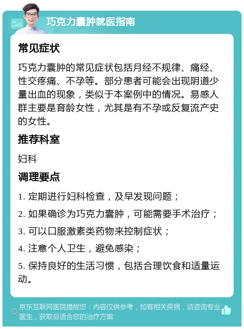 巧克力囊肿就医指南 常见症状 巧克力囊肿的常见症状包括月经不规律、痛经、性交疼痛、不孕等。部分患者可能会出现阴道少量出血的现象，类似于本案例中的情况。易感人群主要是育龄女性，尤其是有不孕或反复流产史的女性。 推荐科室 妇科 调理要点 1. 定期进行妇科检查，及早发现问题； 2. 如果确诊为巧克力囊肿，可能需要手术治疗； 3. 可以口服激素类药物来控制症状； 4. 注意个人卫生，避免感染； 5. 保持良好的生活习惯，包括合理饮食和适量运动。