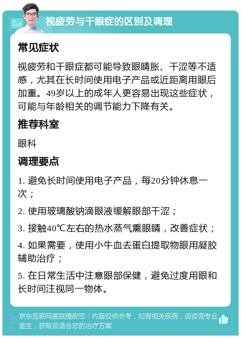 视疲劳与干眼症的区别及调理 常见症状 视疲劳和干眼症都可能导致眼睛胀、干涩等不适感，尤其在长时间使用电子产品或近距离用眼后加重。49岁以上的成年人更容易出现这些症状，可能与年龄相关的调节能力下降有关。 推荐科室 眼科 调理要点 1. 避免长时间使用电子产品，每20分钟休息一次； 2. 使用玻璃酸钠滴眼液缓解眼部干涩； 3. 接触40℃左右的热水蒸气熏眼睛，改善症状； 4. 如果需要，使用小牛血去蛋白提取物眼用凝胶辅助治疗； 5. 在日常生活中注意眼部保健，避免过度用眼和长时间注视同一物体。