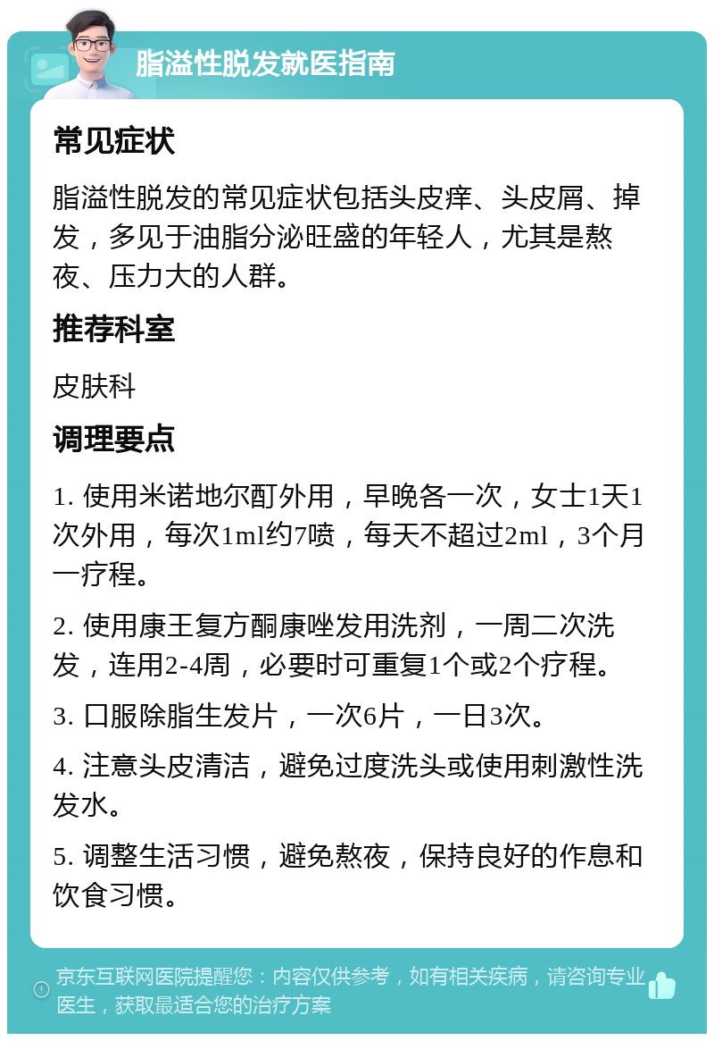 脂溢性脱发就医指南 常见症状 脂溢性脱发的常见症状包括头皮痒、头皮屑、掉发，多见于油脂分泌旺盛的年轻人，尤其是熬夜、压力大的人群。 推荐科室 皮肤科 调理要点 1. 使用米诺地尔酊外用，早晚各一次，女士1天1次外用，每次1ml约7喷，每天不超过2ml，3个月一疗程。 2. 使用康王复方酮康唑发用洗剂，一周二次洗发，连用2-4周，必要时可重复1个或2个疗程。 3. 口服除脂生发片，一次6片，一日3次。 4. 注意头皮清洁，避免过度洗头或使用刺激性洗发水。 5. 调整生活习惯，避免熬夜，保持良好的作息和饮食习惯。