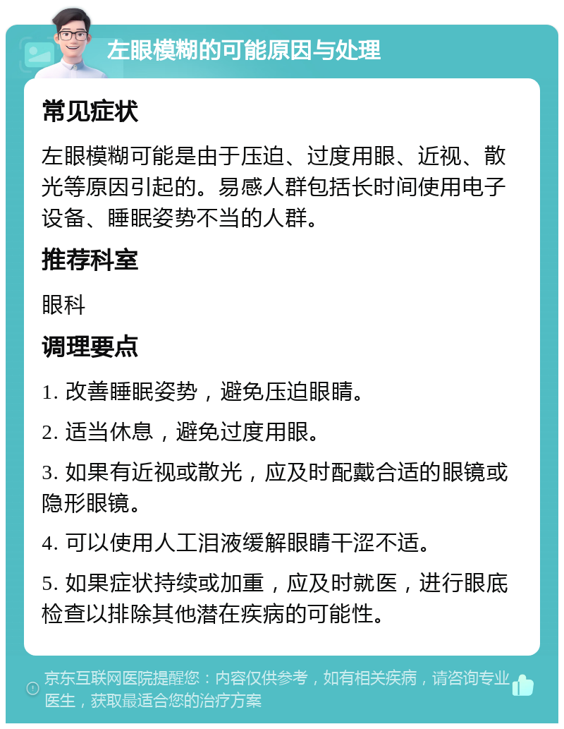 左眼模糊的可能原因与处理 常见症状 左眼模糊可能是由于压迫、过度用眼、近视、散光等原因引起的。易感人群包括长时间使用电子设备、睡眠姿势不当的人群。 推荐科室 眼科 调理要点 1. 改善睡眠姿势，避免压迫眼睛。 2. 适当休息，避免过度用眼。 3. 如果有近视或散光，应及时配戴合适的眼镜或隐形眼镜。 4. 可以使用人工泪液缓解眼睛干涩不适。 5. 如果症状持续或加重，应及时就医，进行眼底检查以排除其他潜在疾病的可能性。