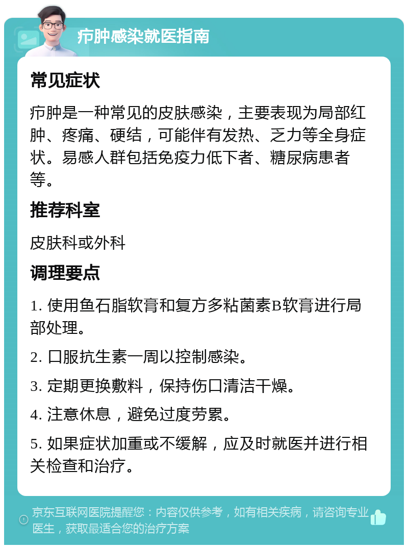 疖肿感染就医指南 常见症状 疖肿是一种常见的皮肤感染，主要表现为局部红肿、疼痛、硬结，可能伴有发热、乏力等全身症状。易感人群包括免疫力低下者、糖尿病患者等。 推荐科室 皮肤科或外科 调理要点 1. 使用鱼石脂软膏和复方多粘菌素B软膏进行局部处理。 2. 口服抗生素一周以控制感染。 3. 定期更换敷料，保持伤口清洁干燥。 4. 注意休息，避免过度劳累。 5. 如果症状加重或不缓解，应及时就医并进行相关检查和治疗。