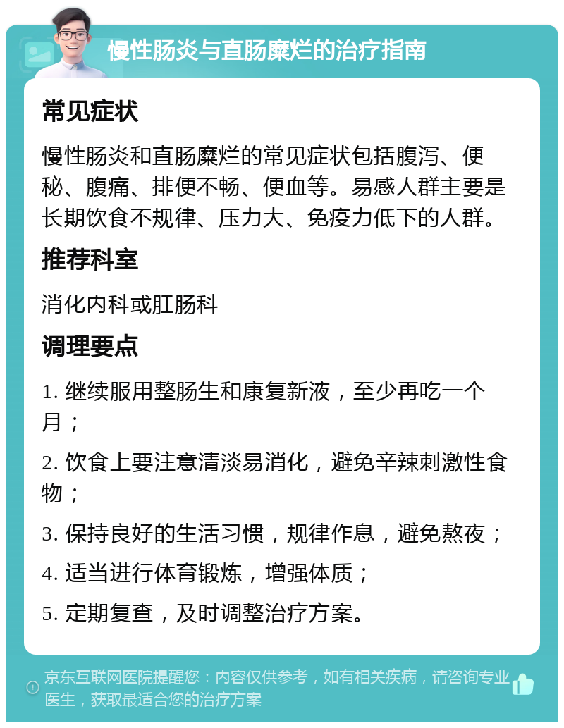 慢性肠炎与直肠糜烂的治疗指南 常见症状 慢性肠炎和直肠糜烂的常见症状包括腹泻、便秘、腹痛、排便不畅、便血等。易感人群主要是长期饮食不规律、压力大、免疫力低下的人群。 推荐科室 消化内科或肛肠科 调理要点 1. 继续服用整肠生和康复新液，至少再吃一个月； 2. 饮食上要注意清淡易消化，避免辛辣刺激性食物； 3. 保持良好的生活习惯，规律作息，避免熬夜； 4. 适当进行体育锻炼，增强体质； 5. 定期复查，及时调整治疗方案。