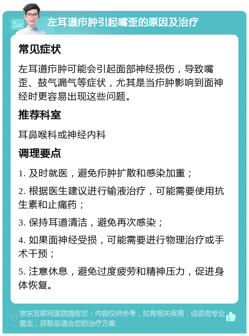 左耳道疖肿引起嘴歪的原因及治疗 常见症状 左耳道疖肿可能会引起面部神经损伤，导致嘴歪、鼓气漏气等症状，尤其是当疖肿影响到面神经时更容易出现这些问题。 推荐科室 耳鼻喉科或神经内科 调理要点 1. 及时就医，避免疖肿扩散和感染加重； 2. 根据医生建议进行输液治疗，可能需要使用抗生素和止痛药； 3. 保持耳道清洁，避免再次感染； 4. 如果面神经受损，可能需要进行物理治疗或手术干预； 5. 注意休息，避免过度疲劳和精神压力，促进身体恢复。