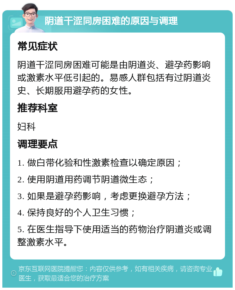 阴道干涩同房困难的原因与调理 常见症状 阴道干涩同房困难可能是由阴道炎、避孕药影响或激素水平低引起的。易感人群包括有过阴道炎史、长期服用避孕药的女性。 推荐科室 妇科 调理要点 1. 做白带化验和性激素检查以确定原因； 2. 使用阴道用药调节阴道微生态； 3. 如果是避孕药影响，考虑更换避孕方法； 4. 保持良好的个人卫生习惯； 5. 在医生指导下使用适当的药物治疗阴道炎或调整激素水平。