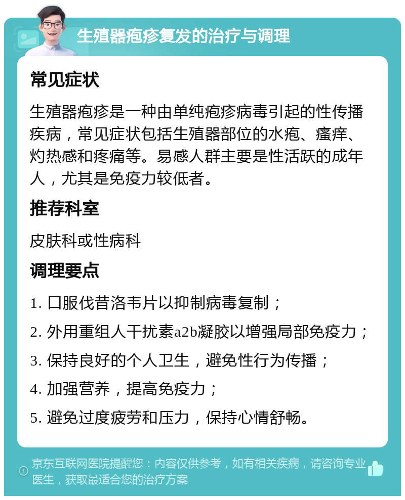 生殖器疱疹复发的治疗与调理 常见症状 生殖器疱疹是一种由单纯疱疹病毒引起的性传播疾病，常见症状包括生殖器部位的水疱、瘙痒、灼热感和疼痛等。易感人群主要是性活跃的成年人，尤其是免疫力较低者。 推荐科室 皮肤科或性病科 调理要点 1. 口服伐昔洛韦片以抑制病毒复制； 2. 外用重组人干扰素a2b凝胶以增强局部免疫力； 3. 保持良好的个人卫生，避免性行为传播； 4. 加强营养，提高免疫力； 5. 避免过度疲劳和压力，保持心情舒畅。