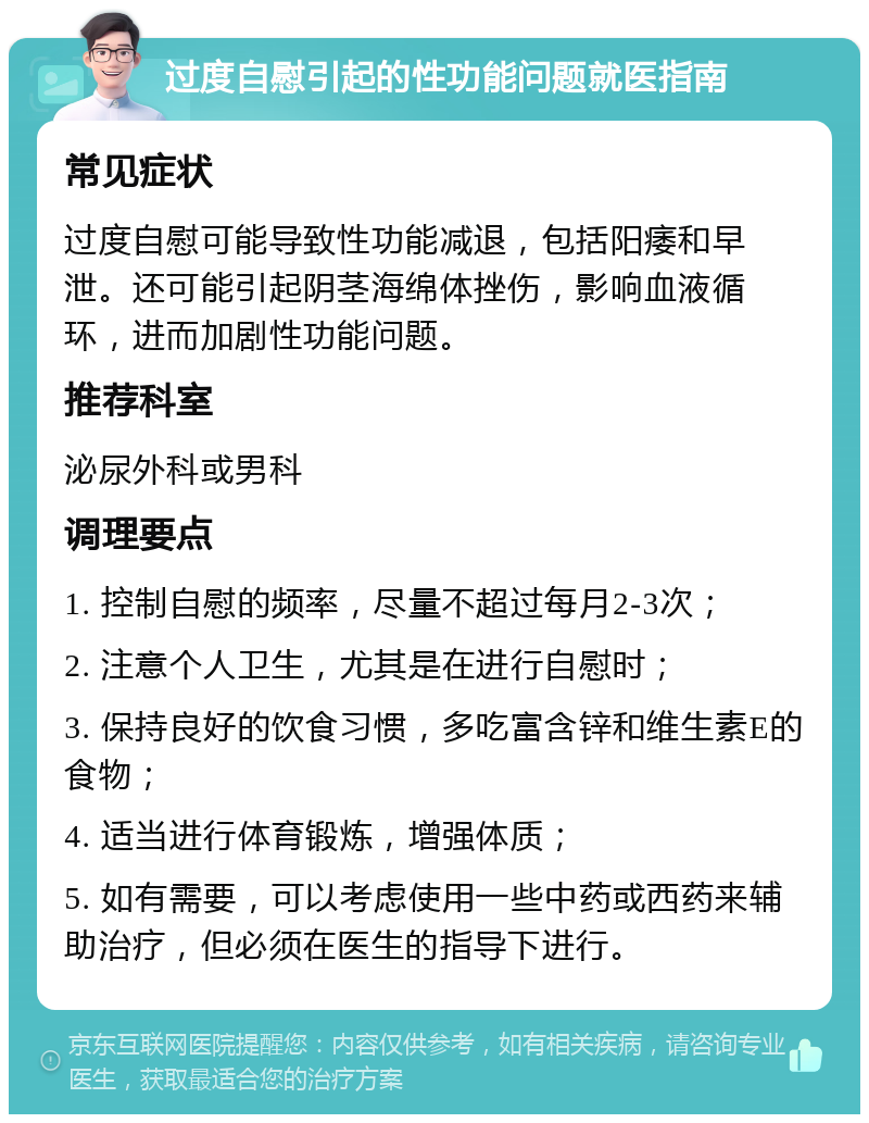 过度自慰引起的性功能问题就医指南 常见症状 过度自慰可能导致性功能减退，包括阳痿和早泄。还可能引起阴茎海绵体挫伤，影响血液循环，进而加剧性功能问题。 推荐科室 泌尿外科或男科 调理要点 1. 控制自慰的频率，尽量不超过每月2-3次； 2. 注意个人卫生，尤其是在进行自慰时； 3. 保持良好的饮食习惯，多吃富含锌和维生素E的食物； 4. 适当进行体育锻炼，增强体质； 5. 如有需要，可以考虑使用一些中药或西药来辅助治疗，但必须在医生的指导下进行。