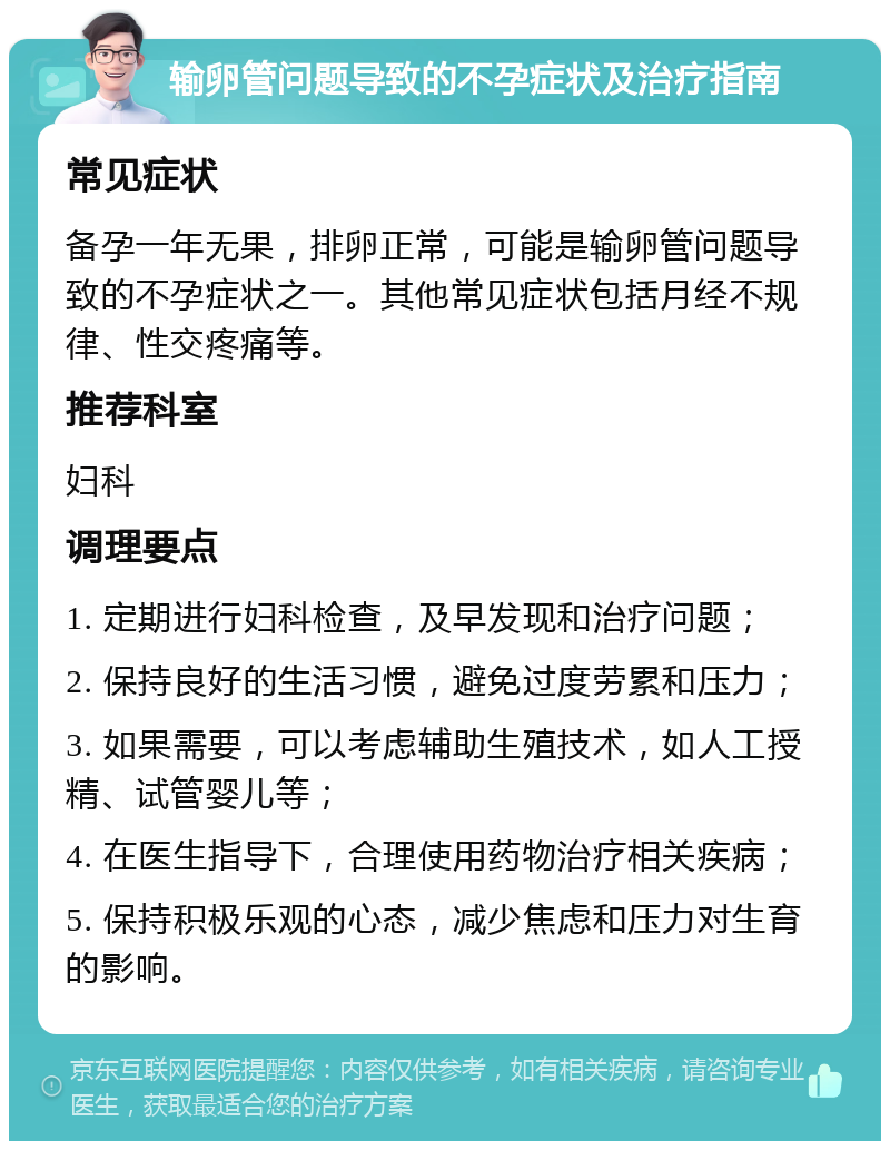 输卵管问题导致的不孕症状及治疗指南 常见症状 备孕一年无果，排卵正常，可能是输卵管问题导致的不孕症状之一。其他常见症状包括月经不规律、性交疼痛等。 推荐科室 妇科 调理要点 1. 定期进行妇科检查，及早发现和治疗问题； 2. 保持良好的生活习惯，避免过度劳累和压力； 3. 如果需要，可以考虑辅助生殖技术，如人工授精、试管婴儿等； 4. 在医生指导下，合理使用药物治疗相关疾病； 5. 保持积极乐观的心态，减少焦虑和压力对生育的影响。