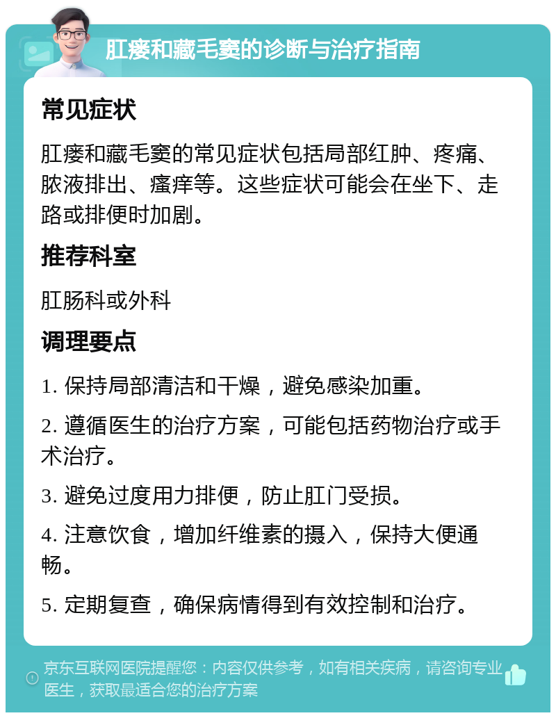 肛瘘和藏毛窦的诊断与治疗指南 常见症状 肛瘘和藏毛窦的常见症状包括局部红肿、疼痛、脓液排出、瘙痒等。这些症状可能会在坐下、走路或排便时加剧。 推荐科室 肛肠科或外科 调理要点 1. 保持局部清洁和干燥，避免感染加重。 2. 遵循医生的治疗方案，可能包括药物治疗或手术治疗。 3. 避免过度用力排便，防止肛门受损。 4. 注意饮食，增加纤维素的摄入，保持大便通畅。 5. 定期复查，确保病情得到有效控制和治疗。