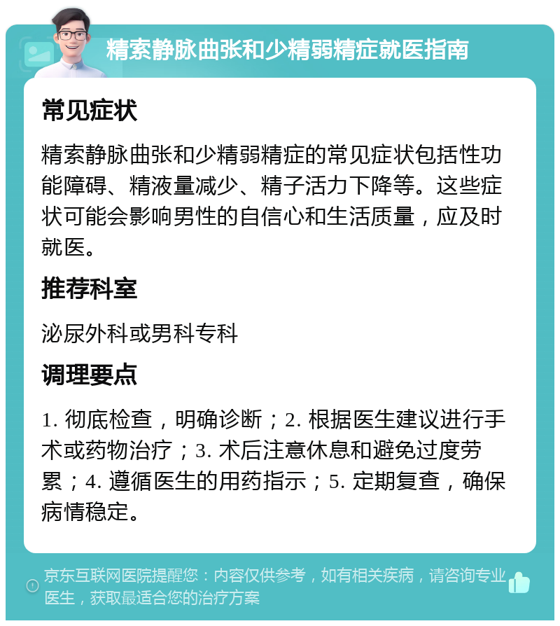 精索静脉曲张和少精弱精症就医指南 常见症状 精索静脉曲张和少精弱精症的常见症状包括性功能障碍、精液量减少、精子活力下降等。这些症状可能会影响男性的自信心和生活质量，应及时就医。 推荐科室 泌尿外科或男科专科 调理要点 1. 彻底检查，明确诊断；2. 根据医生建议进行手术或药物治疗；3. 术后注意休息和避免过度劳累；4. 遵循医生的用药指示；5. 定期复查，确保病情稳定。