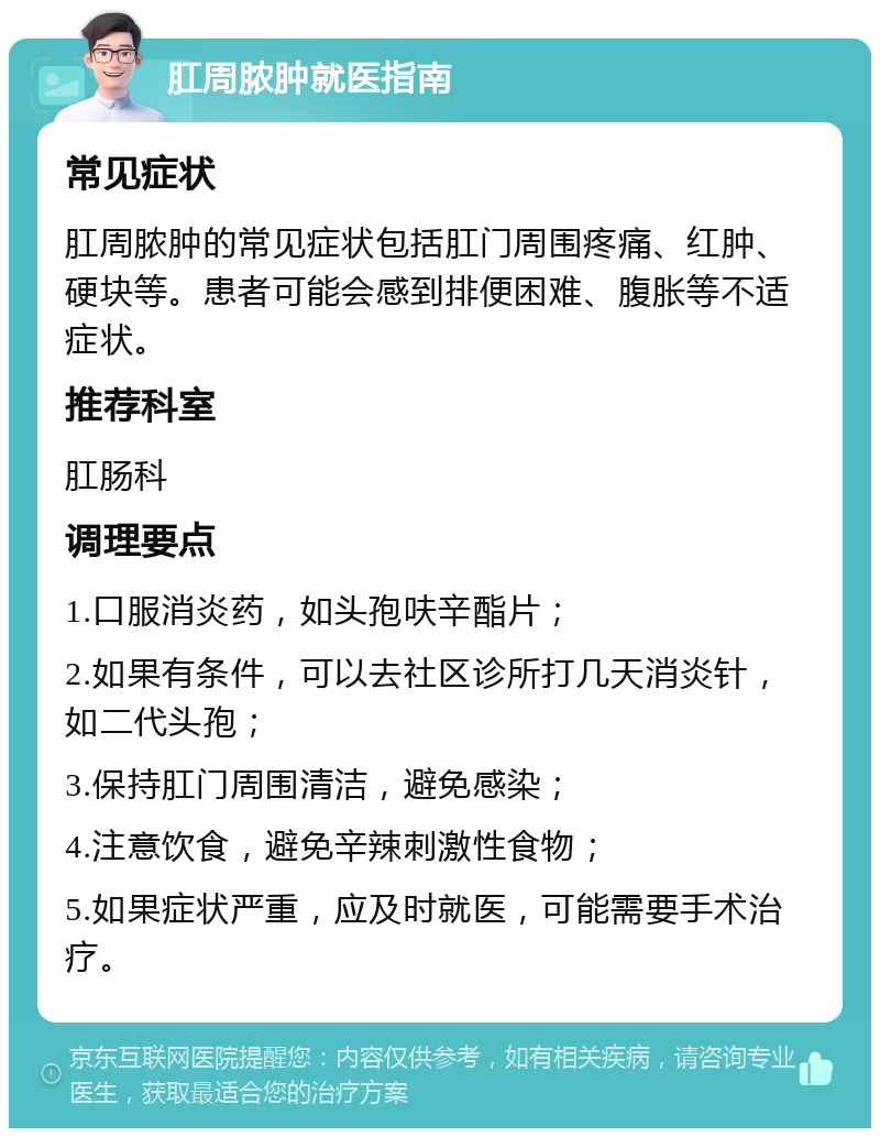 肛周脓肿就医指南 常见症状 肛周脓肿的常见症状包括肛门周围疼痛、红肿、硬块等。患者可能会感到排便困难、腹胀等不适症状。 推荐科室 肛肠科 调理要点 1.口服消炎药，如头孢呋辛酯片； 2.如果有条件，可以去社区诊所打几天消炎针，如二代头孢； 3.保持肛门周围清洁，避免感染； 4.注意饮食，避免辛辣刺激性食物； 5.如果症状严重，应及时就医，可能需要手术治疗。