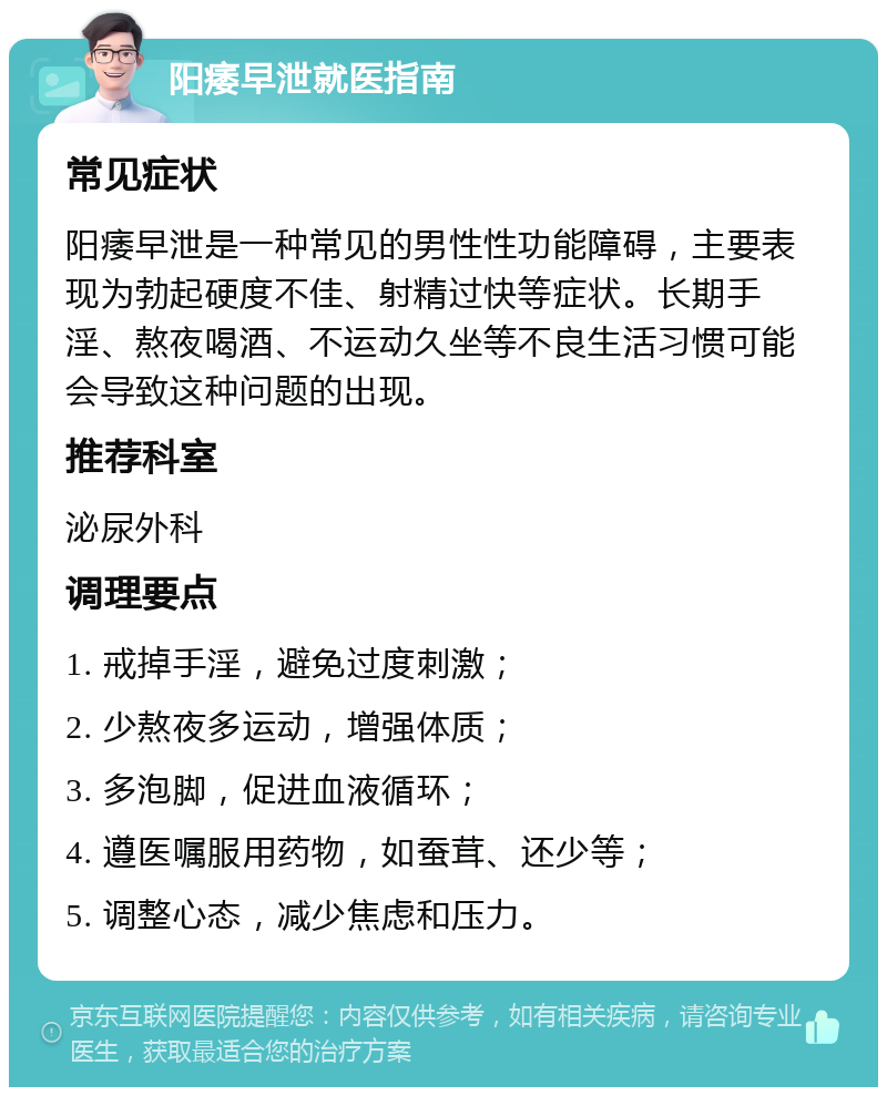 阳痿早泄就医指南 常见症状 阳痿早泄是一种常见的男性性功能障碍，主要表现为勃起硬度不佳、射精过快等症状。长期手淫、熬夜喝酒、不运动久坐等不良生活习惯可能会导致这种问题的出现。 推荐科室 泌尿外科 调理要点 1. 戒掉手淫，避免过度刺激； 2. 少熬夜多运动，增强体质； 3. 多泡脚，促进血液循环； 4. 遵医嘱服用药物，如蚕茸、还少等； 5. 调整心态，减少焦虑和压力。