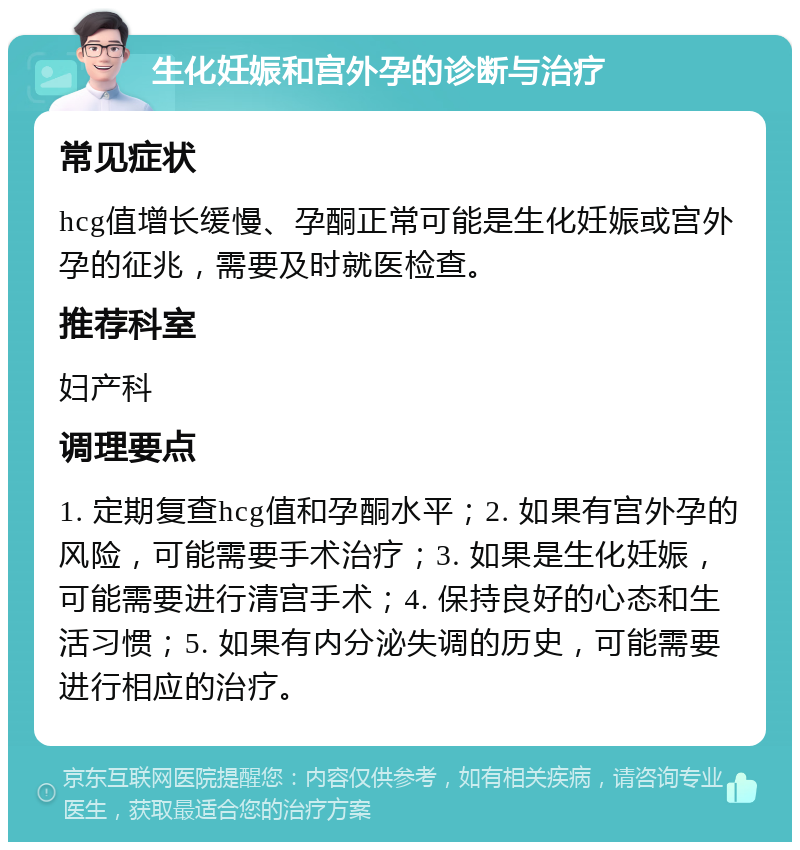 生化妊娠和宫外孕的诊断与治疗 常见症状 hcg值增长缓慢、孕酮正常可能是生化妊娠或宫外孕的征兆，需要及时就医检查。 推荐科室 妇产科 调理要点 1. 定期复查hcg值和孕酮水平；2. 如果有宫外孕的风险，可能需要手术治疗；3. 如果是生化妊娠，可能需要进行清宫手术；4. 保持良好的心态和生活习惯；5. 如果有内分泌失调的历史，可能需要进行相应的治疗。