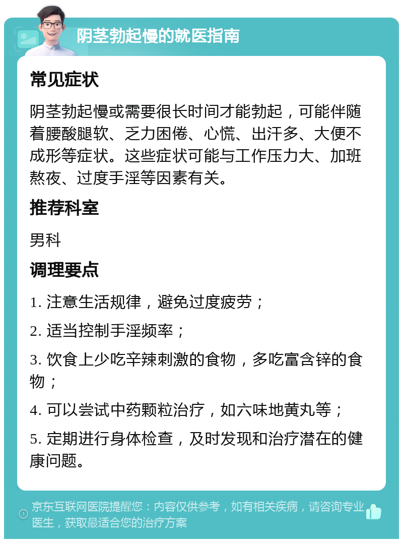 阴茎勃起慢的就医指南 常见症状 阴茎勃起慢或需要很长时间才能勃起，可能伴随着腰酸腿软、乏力困倦、心慌、出汗多、大便不成形等症状。这些症状可能与工作压力大、加班熬夜、过度手淫等因素有关。 推荐科室 男科 调理要点 1. 注意生活规律，避免过度疲劳； 2. 适当控制手淫频率； 3. 饮食上少吃辛辣刺激的食物，多吃富含锌的食物； 4. 可以尝试中药颗粒治疗，如六味地黄丸等； 5. 定期进行身体检查，及时发现和治疗潜在的健康问题。