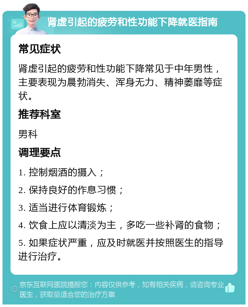 肾虚引起的疲劳和性功能下降就医指南 常见症状 肾虚引起的疲劳和性功能下降常见于中年男性，主要表现为晨勃消失、浑身无力、精神萎靡等症状。 推荐科室 男科 调理要点 1. 控制烟酒的摄入； 2. 保持良好的作息习惯； 3. 适当进行体育锻炼； 4. 饮食上应以清淡为主，多吃一些补肾的食物； 5. 如果症状严重，应及时就医并按照医生的指导进行治疗。