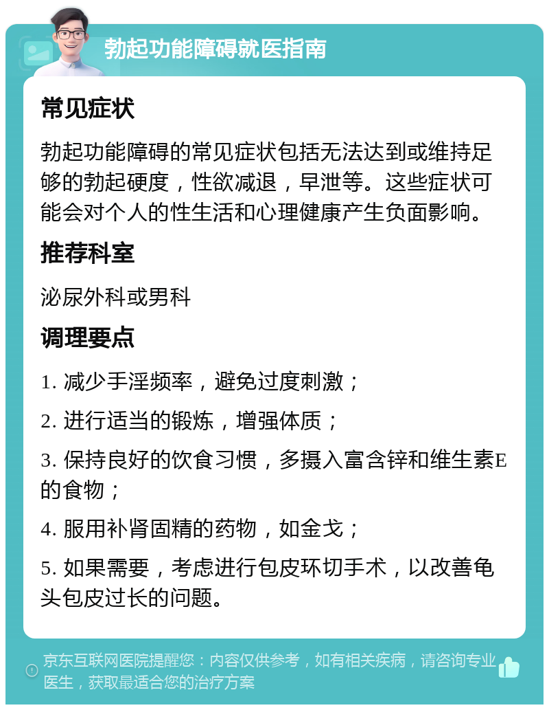 勃起功能障碍就医指南 常见症状 勃起功能障碍的常见症状包括无法达到或维持足够的勃起硬度，性欲减退，早泄等。这些症状可能会对个人的性生活和心理健康产生负面影响。 推荐科室 泌尿外科或男科 调理要点 1. 减少手淫频率，避免过度刺激； 2. 进行适当的锻炼，增强体质； 3. 保持良好的饮食习惯，多摄入富含锌和维生素E的食物； 4. 服用补肾固精的药物，如金戈； 5. 如果需要，考虑进行包皮环切手术，以改善龟头包皮过长的问题。