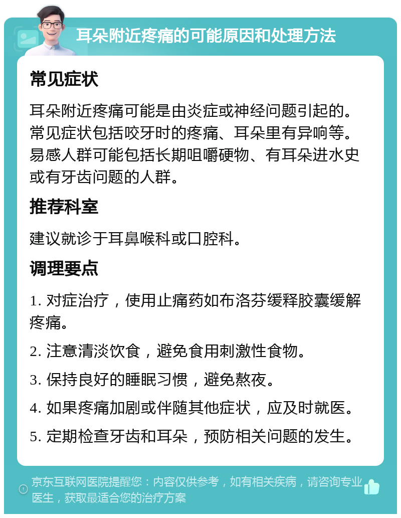 耳朵附近疼痛的可能原因和处理方法 常见症状 耳朵附近疼痛可能是由炎症或神经问题引起的。常见症状包括咬牙时的疼痛、耳朵里有异响等。易感人群可能包括长期咀嚼硬物、有耳朵进水史或有牙齿问题的人群。 推荐科室 建议就诊于耳鼻喉科或口腔科。 调理要点 1. 对症治疗，使用止痛药如布洛芬缓释胶囊缓解疼痛。 2. 注意清淡饮食，避免食用刺激性食物。 3. 保持良好的睡眠习惯，避免熬夜。 4. 如果疼痛加剧或伴随其他症状，应及时就医。 5. 定期检查牙齿和耳朵，预防相关问题的发生。