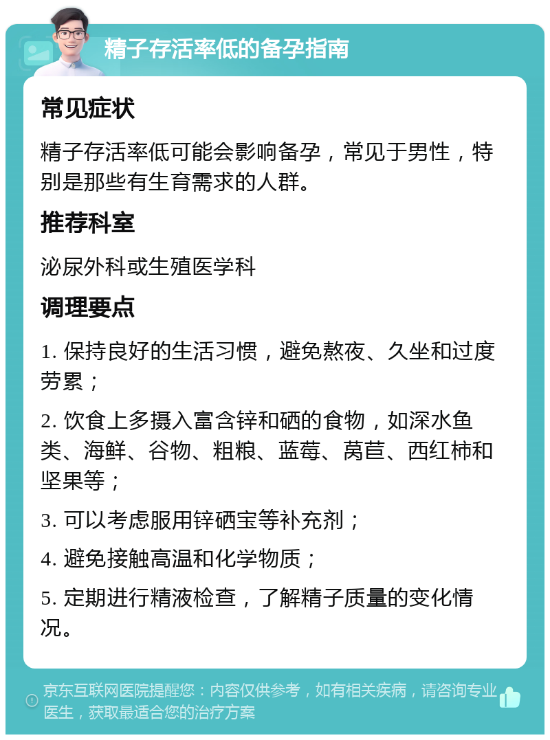 精子存活率低的备孕指南 常见症状 精子存活率低可能会影响备孕，常见于男性，特别是那些有生育需求的人群。 推荐科室 泌尿外科或生殖医学科 调理要点 1. 保持良好的生活习惯，避免熬夜、久坐和过度劳累； 2. 饮食上多摄入富含锌和硒的食物，如深水鱼类、海鲜、谷物、粗粮、蓝莓、莴苣、西红柿和坚果等； 3. 可以考虑服用锌硒宝等补充剂； 4. 避免接触高温和化学物质； 5. 定期进行精液检查，了解精子质量的变化情况。