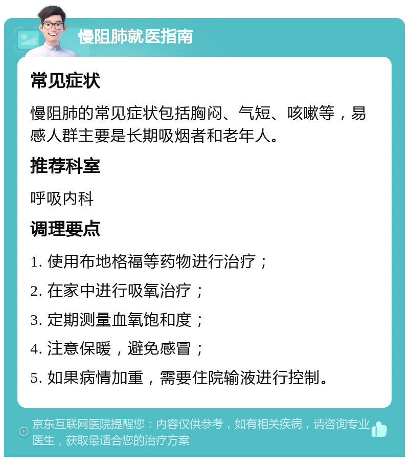 慢阻肺就医指南 常见症状 慢阻肺的常见症状包括胸闷、气短、咳嗽等，易感人群主要是长期吸烟者和老年人。 推荐科室 呼吸内科 调理要点 1. 使用布地格福等药物进行治疗； 2. 在家中进行吸氧治疗； 3. 定期测量血氧饱和度； 4. 注意保暖，避免感冒； 5. 如果病情加重，需要住院输液进行控制。