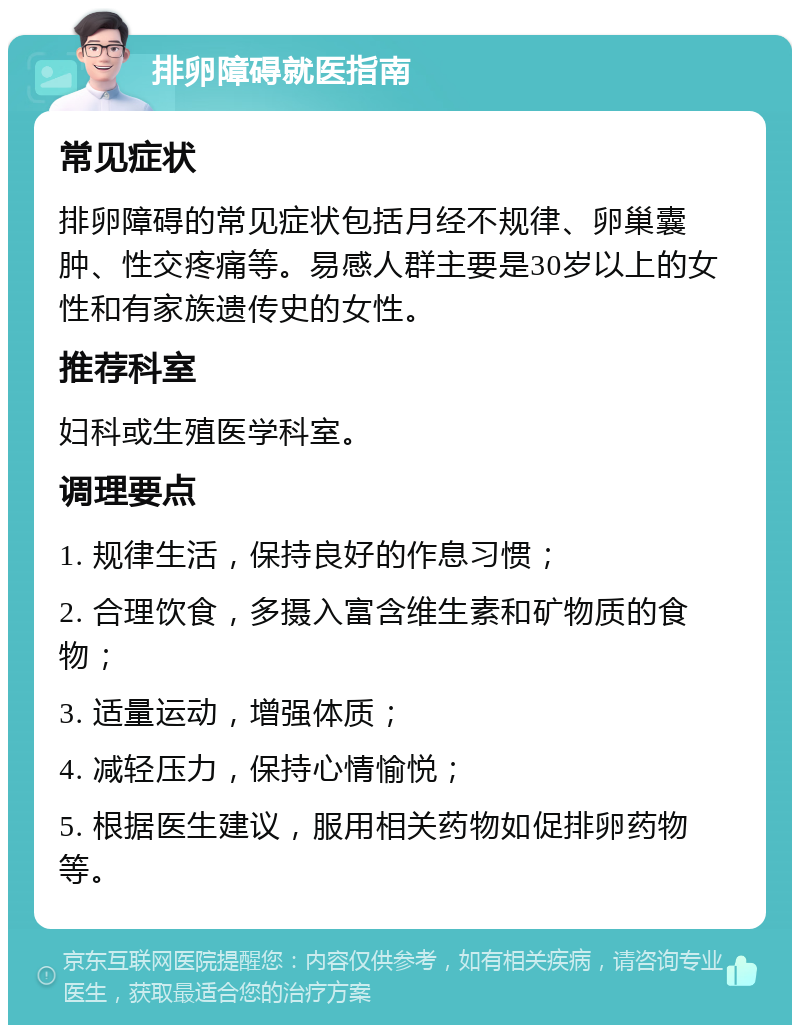 排卵障碍就医指南 常见症状 排卵障碍的常见症状包括月经不规律、卵巢囊肿、性交疼痛等。易感人群主要是30岁以上的女性和有家族遗传史的女性。 推荐科室 妇科或生殖医学科室。 调理要点 1. 规律生活，保持良好的作息习惯； 2. 合理饮食，多摄入富含维生素和矿物质的食物； 3. 适量运动，增强体质； 4. 减轻压力，保持心情愉悦； 5. 根据医生建议，服用相关药物如促排卵药物等。