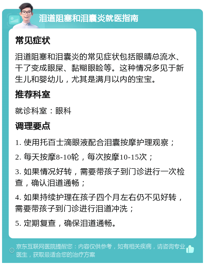 泪道阻塞和泪囊炎就医指南 常见症状 泪道阻塞和泪囊炎的常见症状包括眼睛总流水、干了变成眼屎、黏糊眼睑等。这种情况多见于新生儿和婴幼儿，尤其是满月以内的宝宝。 推荐科室 就诊科室：眼科 调理要点 1. 使用托百士滴眼液配合泪囊按摩护理观察； 2. 每天按摩8-10轮，每次按摩10-15次； 3. 如果情况好转，需要带孩子到门诊进行一次检查，确认泪道通畅； 4. 如果持续护理在孩子四个月左右仍不见好转，需要带孩子到门诊进行泪道冲洗； 5. 定期复查，确保泪道通畅。