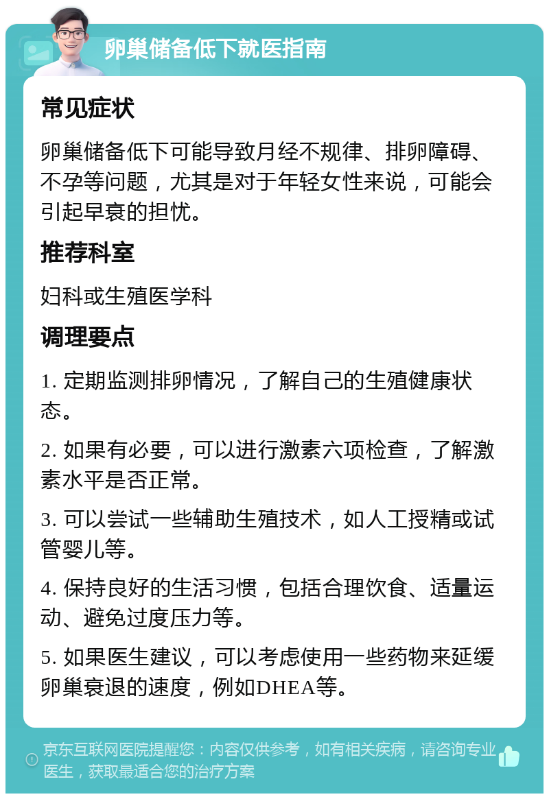 卵巢储备低下就医指南 常见症状 卵巢储备低下可能导致月经不规律、排卵障碍、不孕等问题，尤其是对于年轻女性来说，可能会引起早衰的担忧。 推荐科室 妇科或生殖医学科 调理要点 1. 定期监测排卵情况，了解自己的生殖健康状态。 2. 如果有必要，可以进行激素六项检查，了解激素水平是否正常。 3. 可以尝试一些辅助生殖技术，如人工授精或试管婴儿等。 4. 保持良好的生活习惯，包括合理饮食、适量运动、避免过度压力等。 5. 如果医生建议，可以考虑使用一些药物来延缓卵巢衰退的速度，例如DHEA等。