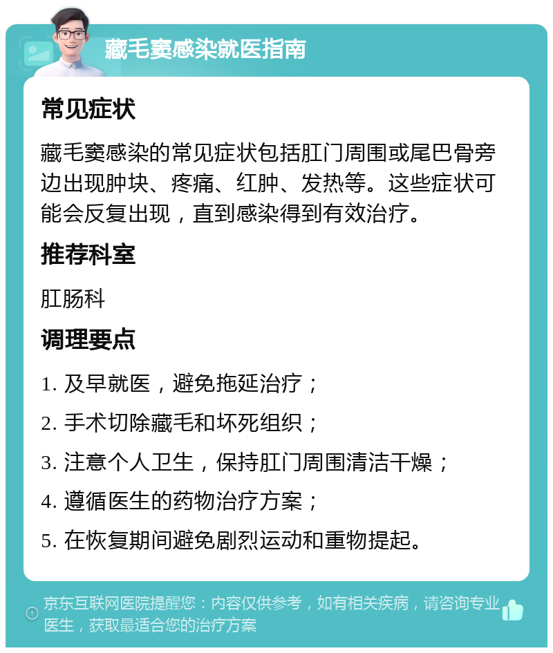 藏毛窦感染就医指南 常见症状 藏毛窦感染的常见症状包括肛门周围或尾巴骨旁边出现肿块、疼痛、红肿、发热等。这些症状可能会反复出现，直到感染得到有效治疗。 推荐科室 肛肠科 调理要点 1. 及早就医，避免拖延治疗； 2. 手术切除藏毛和坏死组织； 3. 注意个人卫生，保持肛门周围清洁干燥； 4. 遵循医生的药物治疗方案； 5. 在恢复期间避免剧烈运动和重物提起。