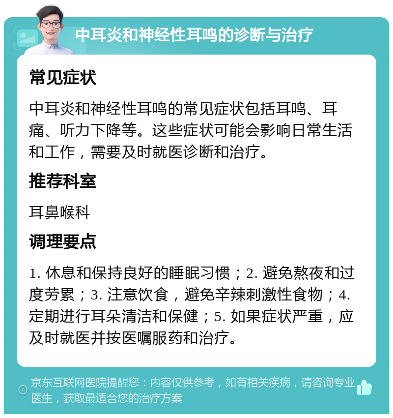 中耳炎和神经性耳鸣的诊断与治疗 常见症状 中耳炎和神经性耳鸣的常见症状包括耳鸣、耳痛、听力下降等。这些症状可能会影响日常生活和工作，需要及时就医诊断和治疗。 推荐科室 耳鼻喉科 调理要点 1. 休息和保持良好的睡眠习惯；2. 避免熬夜和过度劳累；3. 注意饮食，避免辛辣刺激性食物；4. 定期进行耳朵清洁和保健；5. 如果症状严重，应及时就医并按医嘱服药和治疗。