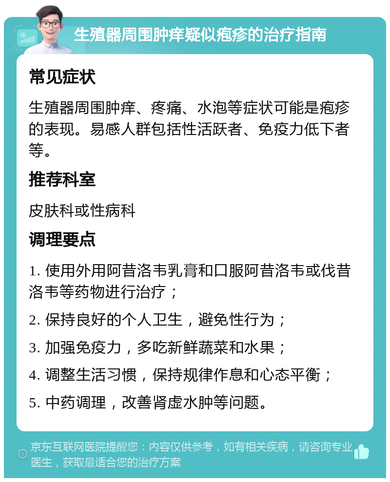 生殖器周围肿痒疑似疱疹的治疗指南 常见症状 生殖器周围肿痒、疼痛、水泡等症状可能是疱疹的表现。易感人群包括性活跃者、免疫力低下者等。 推荐科室 皮肤科或性病科 调理要点 1. 使用外用阿昔洛韦乳膏和口服阿昔洛韦或伐昔洛韦等药物进行治疗； 2. 保持良好的个人卫生，避免性行为； 3. 加强免疫力，多吃新鲜蔬菜和水果； 4. 调整生活习惯，保持规律作息和心态平衡； 5. 中药调理，改善肾虚水肿等问题。