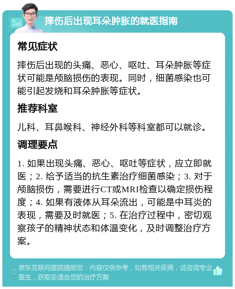 摔伤后出现耳朵肿胀的就医指南 常见症状 摔伤后出现的头痛、恶心、呕吐、耳朵肿胀等症状可能是颅脑损伤的表现。同时，细菌感染也可能引起发烧和耳朵肿胀等症状。 推荐科室 儿科、耳鼻喉科、神经外科等科室都可以就诊。 调理要点 1. 如果出现头痛、恶心、呕吐等症状，应立即就医；2. 给予适当的抗生素治疗细菌感染；3. 对于颅脑损伤，需要进行CT或MRI检查以确定损伤程度；4. 如果有液体从耳朵流出，可能是中耳炎的表现，需要及时就医；5. 在治疗过程中，密切观察孩子的精神状态和体温变化，及时调整治疗方案。