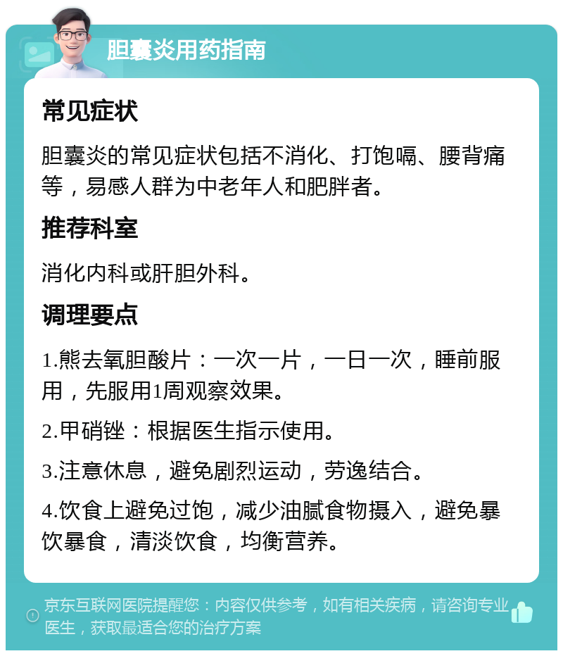 胆囊炎用药指南 常见症状 胆囊炎的常见症状包括不消化、打饱嗝、腰背痛等，易感人群为中老年人和肥胖者。 推荐科室 消化内科或肝胆外科。 调理要点 1.熊去氧胆酸片：一次一片，一日一次，睡前服用，先服用1周观察效果。 2.甲硝锉：根据医生指示使用。 3.注意休息，避免剧烈运动，劳逸结合。 4.饮食上避免过饱，减少油腻食物摄入，避免暴饮暴食，清淡饮食，均衡营养。