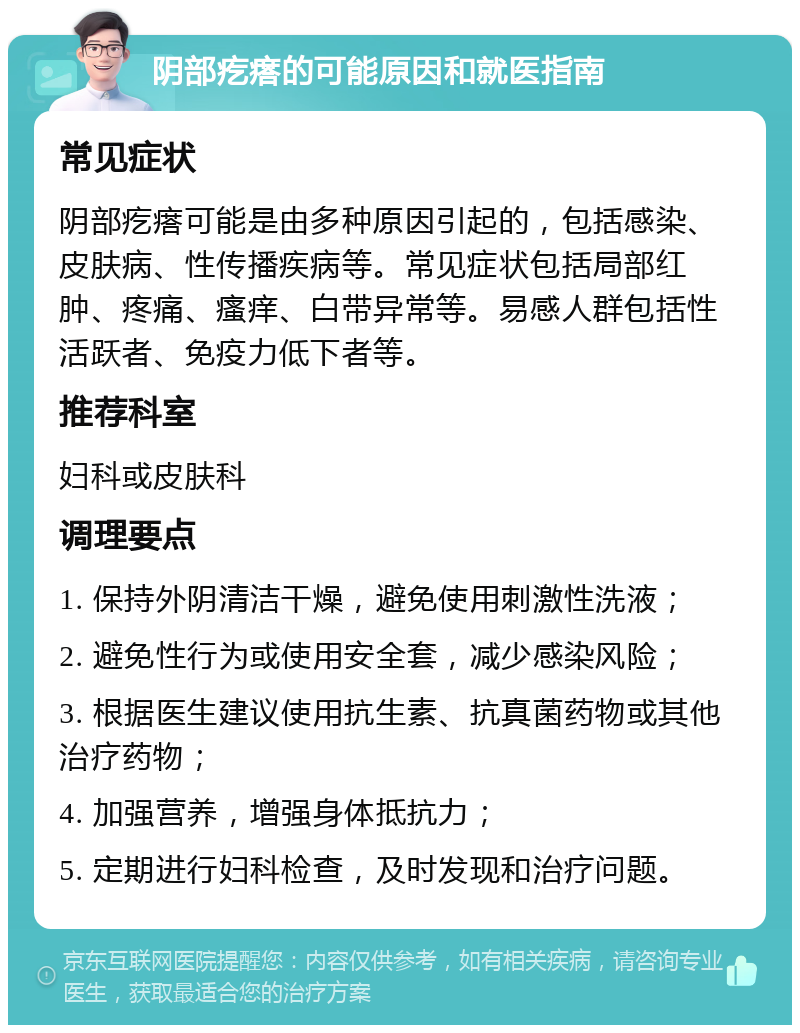 阴部疙瘩的可能原因和就医指南 常见症状 阴部疙瘩可能是由多种原因引起的，包括感染、皮肤病、性传播疾病等。常见症状包括局部红肿、疼痛、瘙痒、白带异常等。易感人群包括性活跃者、免疫力低下者等。 推荐科室 妇科或皮肤科 调理要点 1. 保持外阴清洁干燥，避免使用刺激性洗液； 2. 避免性行为或使用安全套，减少感染风险； 3. 根据医生建议使用抗生素、抗真菌药物或其他治疗药物； 4. 加强营养，增强身体抵抗力； 5. 定期进行妇科检查，及时发现和治疗问题。