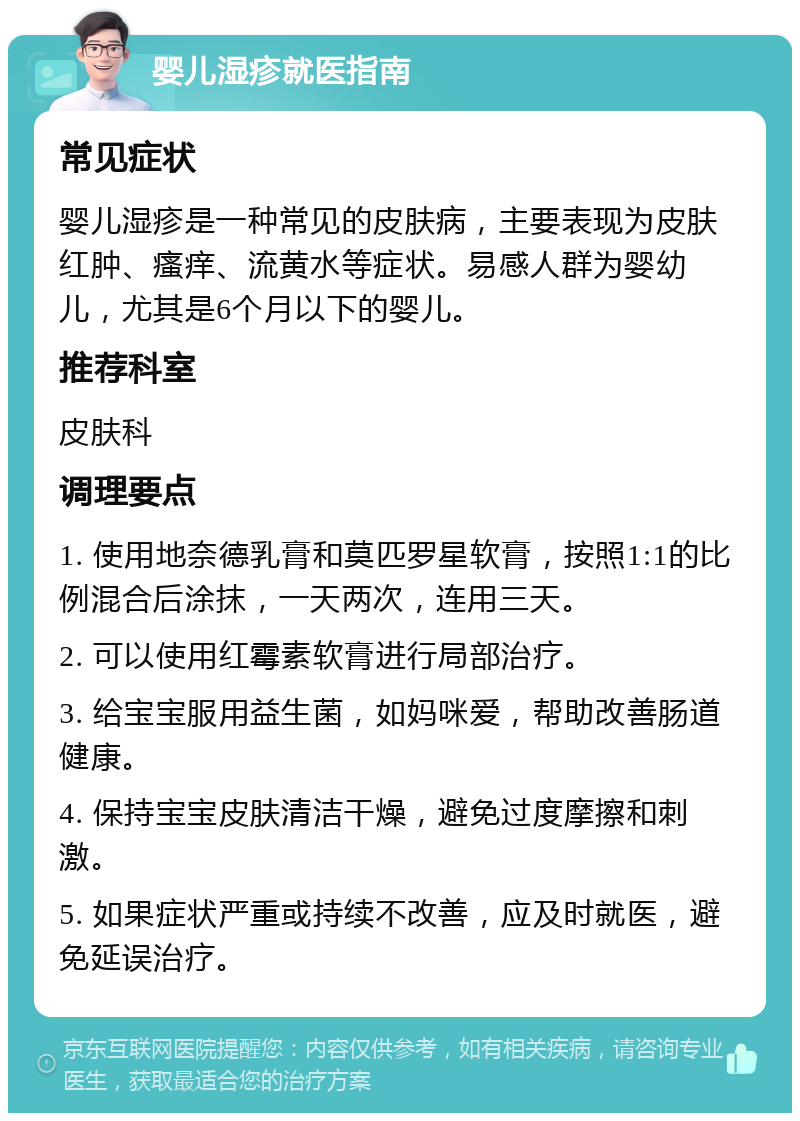 婴儿湿疹就医指南 常见症状 婴儿湿疹是一种常见的皮肤病，主要表现为皮肤红肿、瘙痒、流黄水等症状。易感人群为婴幼儿，尤其是6个月以下的婴儿。 推荐科室 皮肤科 调理要点 1. 使用地奈德乳膏和莫匹罗星软膏，按照1:1的比例混合后涂抹，一天两次，连用三天。 2. 可以使用红霉素软膏进行局部治疗。 3. 给宝宝服用益生菌，如妈咪爱，帮助改善肠道健康。 4. 保持宝宝皮肤清洁干燥，避免过度摩擦和刺激。 5. 如果症状严重或持续不改善，应及时就医，避免延误治疗。