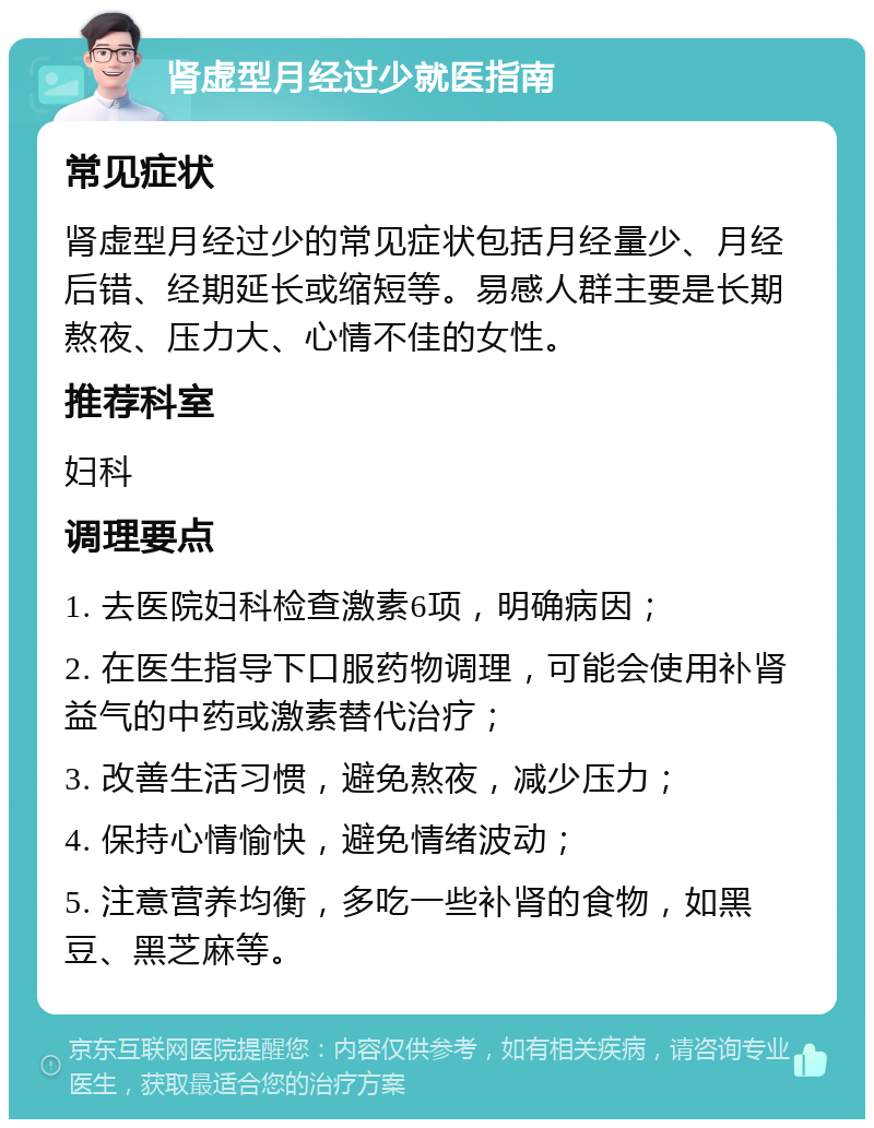 肾虚型月经过少就医指南 常见症状 肾虚型月经过少的常见症状包括月经量少、月经后错、经期延长或缩短等。易感人群主要是长期熬夜、压力大、心情不佳的女性。 推荐科室 妇科 调理要点 1. 去医院妇科检查激素6项，明确病因； 2. 在医生指导下口服药物调理，可能会使用补肾益气的中药或激素替代治疗； 3. 改善生活习惯，避免熬夜，减少压力； 4. 保持心情愉快，避免情绪波动； 5. 注意营养均衡，多吃一些补肾的食物，如黑豆、黑芝麻等。