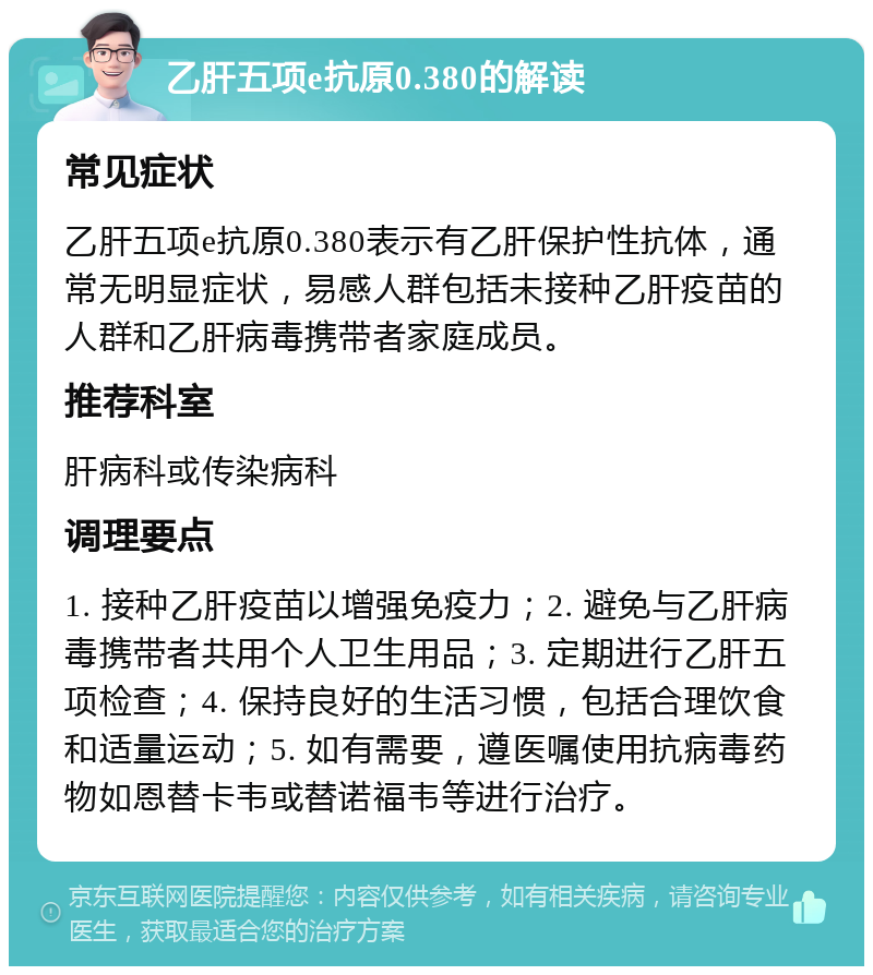 乙肝五项e抗原0.380的解读 常见症状 乙肝五项e抗原0.380表示有乙肝保护性抗体，通常无明显症状，易感人群包括未接种乙肝疫苗的人群和乙肝病毒携带者家庭成员。 推荐科室 肝病科或传染病科 调理要点 1. 接种乙肝疫苗以增强免疫力；2. 避免与乙肝病毒携带者共用个人卫生用品；3. 定期进行乙肝五项检查；4. 保持良好的生活习惯，包括合理饮食和适量运动；5. 如有需要，遵医嘱使用抗病毒药物如恩替卡韦或替诺福韦等进行治疗。