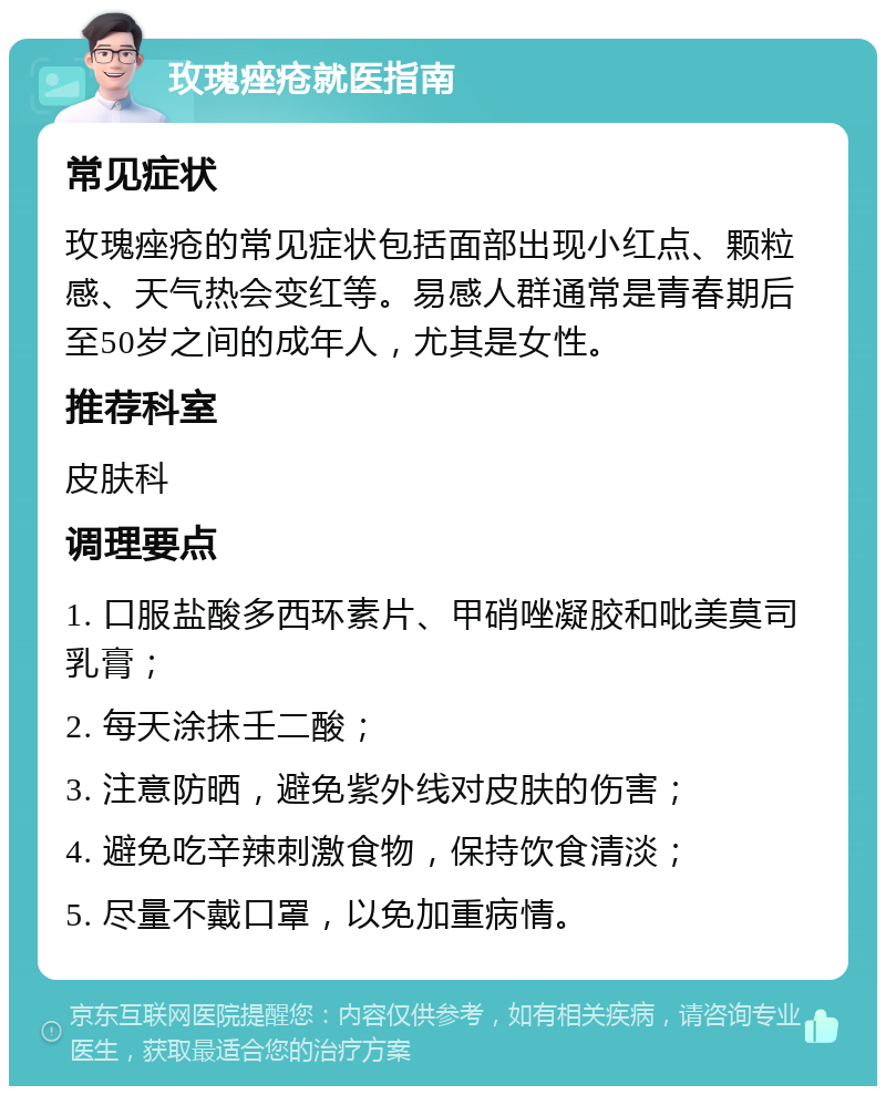 玫瑰痤疮就医指南 常见症状 玫瑰痤疮的常见症状包括面部出现小红点、颗粒感、天气热会变红等。易感人群通常是青春期后至50岁之间的成年人，尤其是女性。 推荐科室 皮肤科 调理要点 1. 口服盐酸多西环素片、甲硝唑凝胶和吡美莫司乳膏； 2. 每天涂抹壬二酸； 3. 注意防晒，避免紫外线对皮肤的伤害； 4. 避免吃辛辣刺激食物，保持饮食清淡； 5. 尽量不戴口罩，以免加重病情。