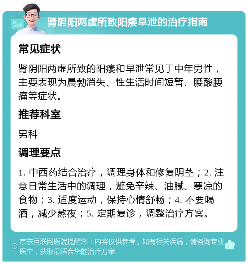 肾阴阳两虚所致阳痿早泄的治疗指南 常见症状 肾阴阳两虚所致的阳痿和早泄常见于中年男性，主要表现为晨勃消失、性生活时间短暂、腰酸腰痛等症状。 推荐科室 男科 调理要点 1. 中西药结合治疗，调理身体和修复阴茎；2. 注意日常生活中的调理，避免辛辣、油腻、寒凉的食物；3. 适度运动，保持心情舒畅；4. 不要喝酒，减少熬夜；5. 定期复诊，调整治疗方案。