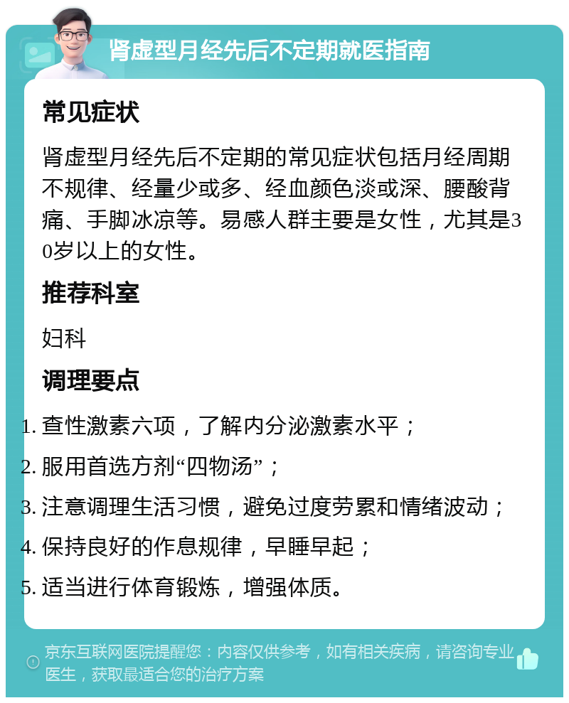 肾虚型月经先后不定期就医指南 常见症状 肾虚型月经先后不定期的常见症状包括月经周期不规律、经量少或多、经血颜色淡或深、腰酸背痛、手脚冰凉等。易感人群主要是女性，尤其是30岁以上的女性。 推荐科室 妇科 调理要点 查性激素六项，了解内分泌激素水平； 服用首选方剂“四物汤”； 注意调理生活习惯，避免过度劳累和情绪波动； 保持良好的作息规律，早睡早起； 适当进行体育锻炼，增强体质。