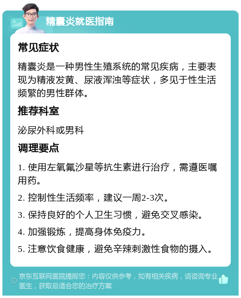 精囊炎就医指南 常见症状 精囊炎是一种男性生殖系统的常见疾病，主要表现为精液发黄、尿液浑浊等症状，多见于性生活频繁的男性群体。 推荐科室 泌尿外科或男科 调理要点 1. 使用左氧氟沙星等抗生素进行治疗，需遵医嘱用药。 2. 控制性生活频率，建议一周2-3次。 3. 保持良好的个人卫生习惯，避免交叉感染。 4. 加强锻炼，提高身体免疫力。 5. 注意饮食健康，避免辛辣刺激性食物的摄入。