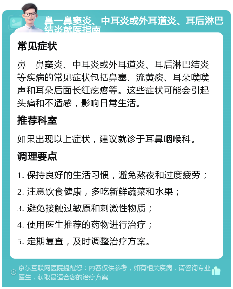 鼻一鼻窦炎、中耳炎或外耳道炎、耳后淋巴结炎就医指南 常见症状 鼻一鼻窦炎、中耳炎或外耳道炎、耳后淋巴结炎等疾病的常见症状包括鼻塞、流黄痰、耳朵噗噗声和耳朵后面长红疙瘩等。这些症状可能会引起头痛和不适感，影响日常生活。 推荐科室 如果出现以上症状，建议就诊于耳鼻咽喉科。 调理要点 1. 保持良好的生活习惯，避免熬夜和过度疲劳； 2. 注意饮食健康，多吃新鲜蔬菜和水果； 3. 避免接触过敏原和刺激性物质； 4. 使用医生推荐的药物进行治疗； 5. 定期复查，及时调整治疗方案。