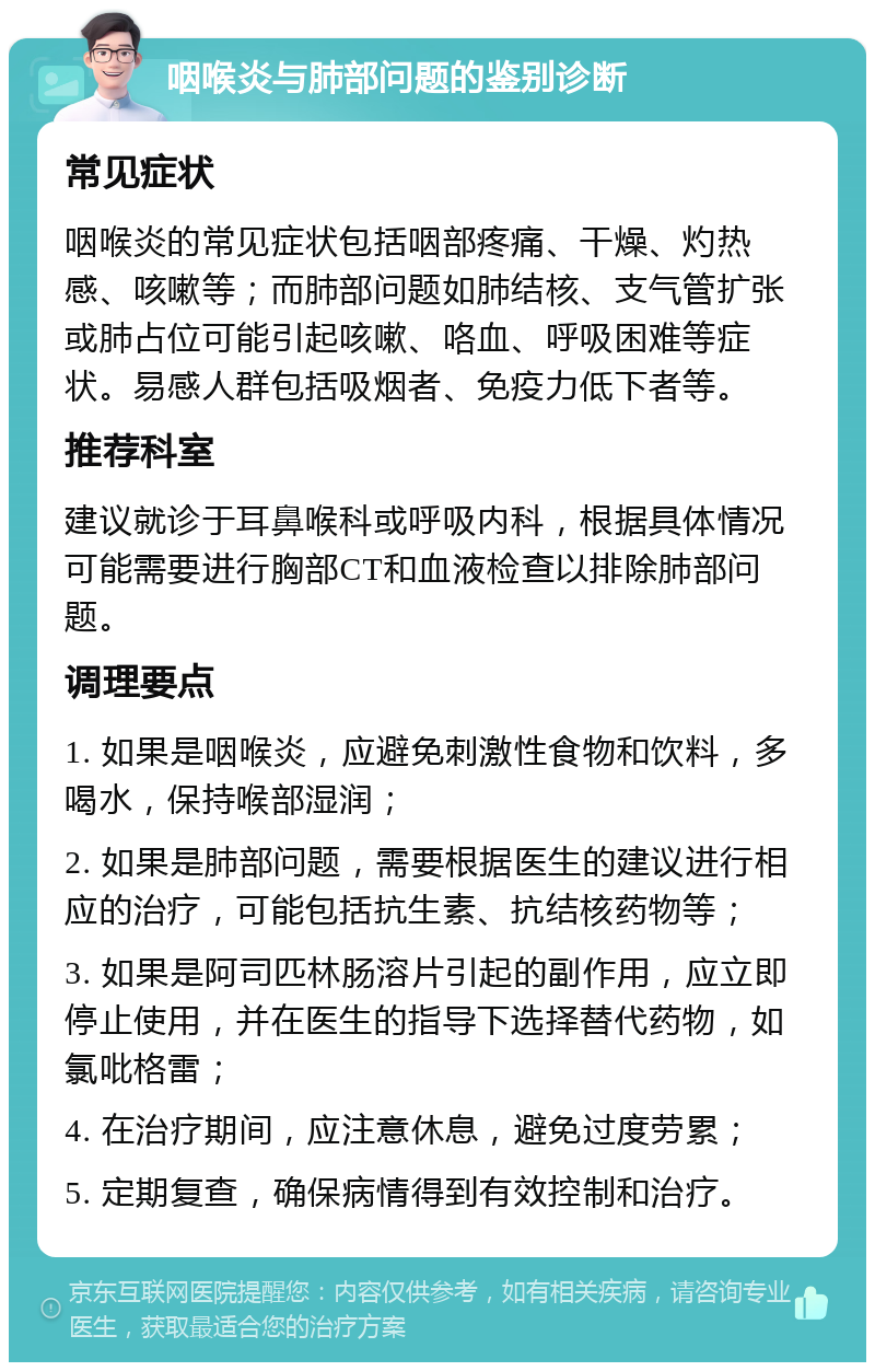 咽喉炎与肺部问题的鉴别诊断 常见症状 咽喉炎的常见症状包括咽部疼痛、干燥、灼热感、咳嗽等；而肺部问题如肺结核、支气管扩张或肺占位可能引起咳嗽、咯血、呼吸困难等症状。易感人群包括吸烟者、免疫力低下者等。 推荐科室 建议就诊于耳鼻喉科或呼吸内科，根据具体情况可能需要进行胸部CT和血液检查以排除肺部问题。 调理要点 1. 如果是咽喉炎，应避免刺激性食物和饮料，多喝水，保持喉部湿润； 2. 如果是肺部问题，需要根据医生的建议进行相应的治疗，可能包括抗生素、抗结核药物等； 3. 如果是阿司匹林肠溶片引起的副作用，应立即停止使用，并在医生的指导下选择替代药物，如氯吡格雷； 4. 在治疗期间，应注意休息，避免过度劳累； 5. 定期复查，确保病情得到有效控制和治疗。