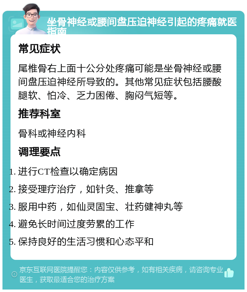 坐骨神经或腰间盘压迫神经引起的疼痛就医指南 常见症状 尾椎骨右上面十公分处疼痛可能是坐骨神经或腰间盘压迫神经所导致的。其他常见症状包括腰酸腿软、怕冷、乏力困倦、胸闷气短等。 推荐科室 骨科或神经内科 调理要点 进行CT检查以确定病因 接受理疗治疗，如针灸、推拿等 服用中药，如仙灵固宝、壮药健神丸等 避免长时间过度劳累的工作 保持良好的生活习惯和心态平和