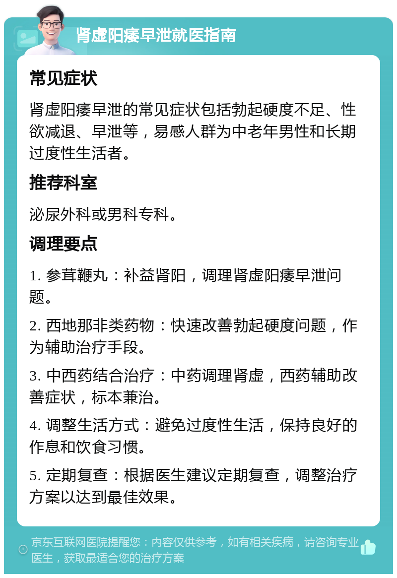 肾虚阳痿早泄就医指南 常见症状 肾虚阳痿早泄的常见症状包括勃起硬度不足、性欲减退、早泄等，易感人群为中老年男性和长期过度性生活者。 推荐科室 泌尿外科或男科专科。 调理要点 1. 参茸鞭丸：补益肾阳，调理肾虚阳痿早泄问题。 2. 西地那非类药物：快速改善勃起硬度问题，作为辅助治疗手段。 3. 中西药结合治疗：中药调理肾虚，西药辅助改善症状，标本兼治。 4. 调整生活方式：避免过度性生活，保持良好的作息和饮食习惯。 5. 定期复查：根据医生建议定期复查，调整治疗方案以达到最佳效果。