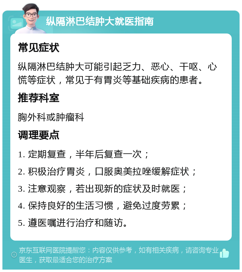 纵隔淋巴结肿大就医指南 常见症状 纵隔淋巴结肿大可能引起乏力、恶心、干呕、心慌等症状，常见于有胃炎等基础疾病的患者。 推荐科室 胸外科或肿瘤科 调理要点 1. 定期复查，半年后复查一次； 2. 积极治疗胃炎，口服奥美拉唑缓解症状； 3. 注意观察，若出现新的症状及时就医； 4. 保持良好的生活习惯，避免过度劳累； 5. 遵医嘱进行治疗和随访。