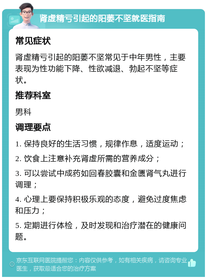 肾虚精亏引起的阳萎不坚就医指南 常见症状 肾虚精亏引起的阳萎不坚常见于中年男性，主要表现为性功能下降、性欲减退、勃起不坚等症状。 推荐科室 男科 调理要点 1. 保持良好的生活习惯，规律作息，适度运动； 2. 饮食上注意补充肾虚所需的营养成分； 3. 可以尝试中成药如回春胶囊和金匮肾气丸进行调理； 4. 心理上要保持积极乐观的态度，避免过度焦虑和压力； 5. 定期进行体检，及时发现和治疗潜在的健康问题。