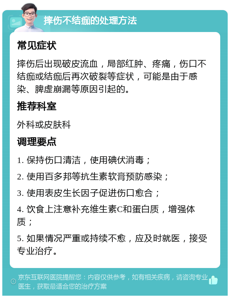 摔伤不结痂的处理方法 常见症状 摔伤后出现破皮流血，局部红肿、疼痛，伤口不结痂或结痂后再次破裂等症状，可能是由于感染、脾虚崩漏等原因引起的。 推荐科室 外科或皮肤科 调理要点 1. 保持伤口清洁，使用碘伏消毒； 2. 使用百多邦等抗生素软膏预防感染； 3. 使用表皮生长因子促进伤口愈合； 4. 饮食上注意补充维生素C和蛋白质，增强体质； 5. 如果情况严重或持续不愈，应及时就医，接受专业治疗。