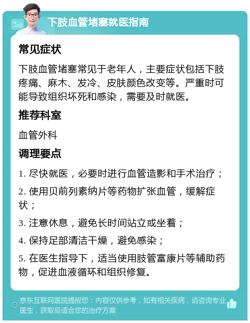 下肢血管堵塞就医指南 常见症状 下肢血管堵塞常见于老年人，主要症状包括下肢疼痛、麻木、发冷、皮肤颜色改变等。严重时可能导致组织坏死和感染，需要及时就医。 推荐科室 血管外科 调理要点 1. 尽快就医，必要时进行血管造影和手术治疗； 2. 使用贝前列素纳片等药物扩张血管，缓解症状； 3. 注意休息，避免长时间站立或坐着； 4. 保持足部清洁干燥，避免感染； 5. 在医生指导下，适当使用肢管富康片等辅助药物，促进血液循环和组织修复。