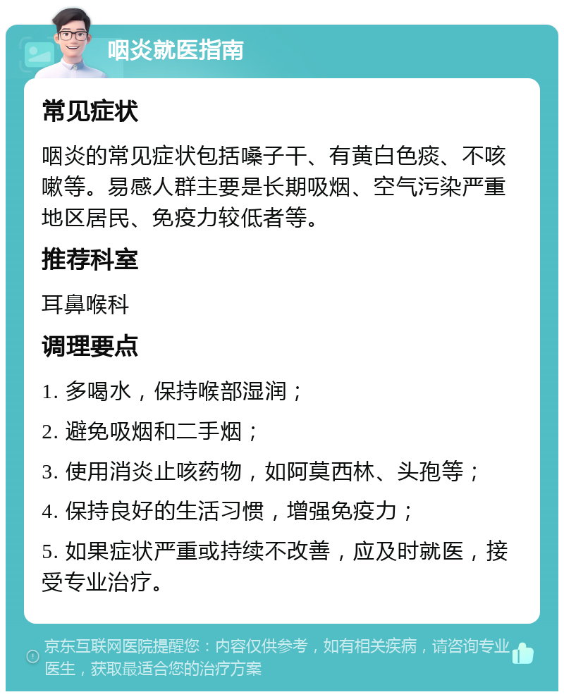 咽炎就医指南 常见症状 咽炎的常见症状包括嗓子干、有黄白色痰、不咳嗽等。易感人群主要是长期吸烟、空气污染严重地区居民、免疫力较低者等。 推荐科室 耳鼻喉科 调理要点 1. 多喝水，保持喉部湿润； 2. 避免吸烟和二手烟； 3. 使用消炎止咳药物，如阿莫西林、头孢等； 4. 保持良好的生活习惯，增强免疫力； 5. 如果症状严重或持续不改善，应及时就医，接受专业治疗。