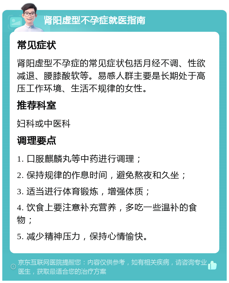 肾阳虚型不孕症就医指南 常见症状 肾阳虚型不孕症的常见症状包括月经不调、性欲减退、腰膝酸软等。易感人群主要是长期处于高压工作环境、生活不规律的女性。 推荐科室 妇科或中医科 调理要点 1. 口服麒麟丸等中药进行调理； 2. 保持规律的作息时间，避免熬夜和久坐； 3. 适当进行体育锻炼，增强体质； 4. 饮食上要注意补充营养，多吃一些温补的食物； 5. 减少精神压力，保持心情愉快。