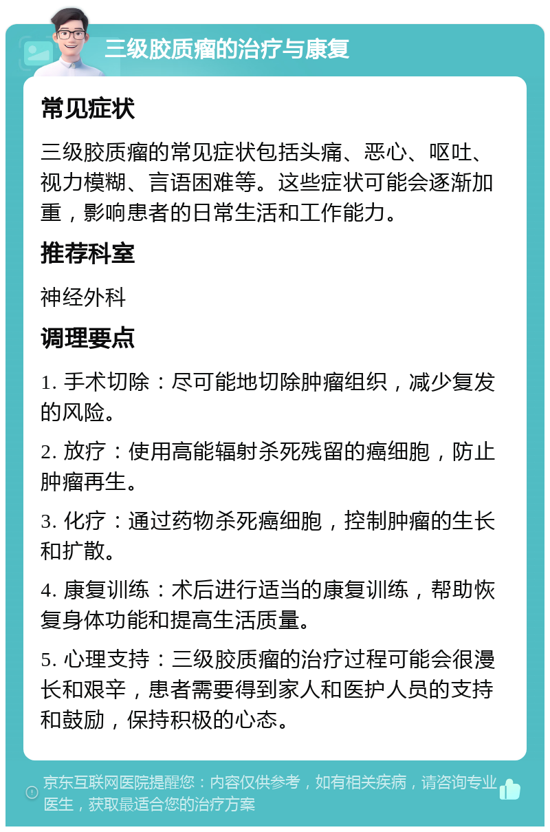 三级胶质瘤的治疗与康复 常见症状 三级胶质瘤的常见症状包括头痛、恶心、呕吐、视力模糊、言语困难等。这些症状可能会逐渐加重，影响患者的日常生活和工作能力。 推荐科室 神经外科 调理要点 1. 手术切除：尽可能地切除肿瘤组织，减少复发的风险。 2. 放疗：使用高能辐射杀死残留的癌细胞，防止肿瘤再生。 3. 化疗：通过药物杀死癌细胞，控制肿瘤的生长和扩散。 4. 康复训练：术后进行适当的康复训练，帮助恢复身体功能和提高生活质量。 5. 心理支持：三级胶质瘤的治疗过程可能会很漫长和艰辛，患者需要得到家人和医护人员的支持和鼓励，保持积极的心态。